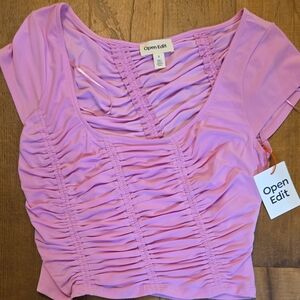OPEN EDIT Chic Pink and Purple Ruched Cap Sleeve Blouse